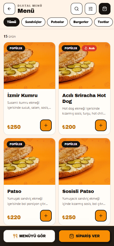 MyQROS mobil dijital menü ekranı